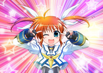 Rule 34 | 1girl, black gloves, blonde hair, blue eyes, brown hair, commentary request, cropped jacket, double v, emotional engine - full drive, emphasis lines, fingerless gloves, gloves, jacket, long hair, looking at viewer, lyrical nanoha, mahou shoujo lyrical nanoha, motion lines, one eye closed, open mouth, solo, speed lines, takamachi nanoha, tsukamoto takashi, twintails, upper body, v, white jacket