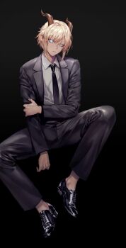 Rule 34 | 1girl, black background, black footwear, black necktie, black pants, black suit, blue eyes, brown horns, full body, hand on own arm, horns, necktie, ohayosayonara, original, pants, shirt, shoes, short hair, simple background, sitting, suit, white shirt