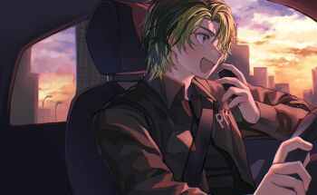 Rule 34 | 1boy, alternate costume, alternate hairstyle, black hair, car interior, car seat, cityscape, driving, green hair, hair between eyes, hashtag-only commentary, holding, holding microphone, inami rai, looking ahead, male focus, microphone, multicolored hair, nijisanji, open mouth, parted bangs, sitting, skyline, smile, solo, steering wheel, sunset, two-tone hair, upper body, virtual youtuber, w0eishen0g, window