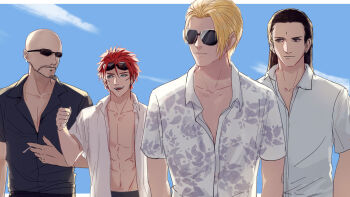4boys abs arm_up bald beard bindi black_hair blonde_hair cigarette closed_mouth cloud collarbone day facial_hair final_fantasy final_fantasy_vii final_fantasy_vii_remake floral_print hawaiian_shirt holding holding_cigarette looking_at_another male_focus miee multiple_boys navel pectorals pectorals red_hair reno_(ff7) rude_(ff7) rufus_shinra shirt sky square_enix stomach sunglasses sunglasses_on_head teeth tseng turks_(ff7) unbuttoned unbuttoned_shirt white_shirt