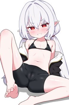 1girl absurdres barefoot bike_shorts bikini black_bikini black_jacket black_shorts blush commentary_request flat_chest highres jacket korean_commentary loli long_hair navel open_clothes open_jacket original pointy_ears red_eyes shorts simple_background smile solo swimsuit toes twintails white_background zing_(z_z_zing)