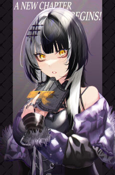 1girl absurdres black_dress black_hair black_jacket black_nails book bookmark commentary_request dress english_text fingernails fur-trimmed_jacket fur-trimmed_sleeves fur_trim grey_hair hair_ornament hand_up haneu_kaku highres holding holding_book hololive hololive_english jacket jewelry long_fingernails long_sleeves looking_at_viewer multicolored_hair multiple_rings nail_polish off_shoulder open_clothes open_jacket outside_border parted_lips pillarboxed ring shiori_novella shiori_novella_(1st_costume) solo split-color_hair striped_arm_warmers text_background two-tone_hair upper_body virtual_youtuber yellow_eyes