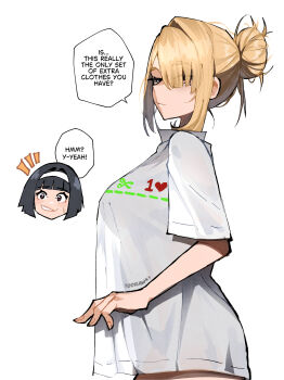 2girls absurdres astra_yao blonde_hair blunt_bangs bottomless breasts disembodied_head english_text evelyn_chevalier hair_bun hair_over_one_eye hairband highres large_breasts looking_at_viewer meme multiple_drawing_challenge multiple_girls naked_shirt purple_eyes see-through_clothes shirt shirt_cut_meme simple_background t-shirt white_background wokiiarts zenless_zone_zero