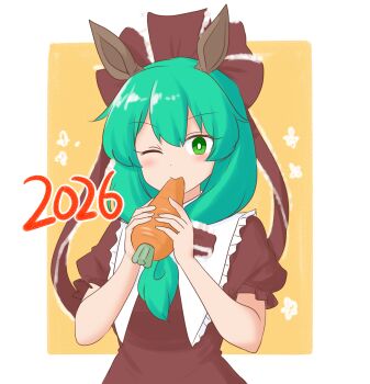 Rule 34 | 1girl, 2026, blush, border, bright pupils, brown ribbon, brown shirt, carrot, commentary request, dot nose, eating, food, frills, green eyes, green hair, hair ribbon, highres, holding, holding carrot, holding food, kagiyama hina, kemonomimi mode, long hair, looking at viewer, mizusoba, new year, outside border, puffy short sleeves, puffy sleeves, ribbon, shirt, short sleeves, solo, touhou, upper body, white border, white pupils, yellow background