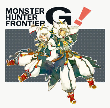 Rule 34 | 1boy, 1girl, belt, blue coat, blue eyes, boots, brown boots, clenched hands, coat, copyright name, full body, fur-trimmed hood, fur trim, gloves, grey hair, grey shirt, hand up, hood, hood up, hooded coat, locked arms, long sleeves, looking at viewer, monster hunter (character), monster hunter (series), monster hunter frontier, open mouth, pants, puffy pants, ren-co, shirt, smile, tassel, white pants, wide sleeves