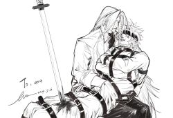 Rule 34 | 2boys, alternate costume, arm across chest, ascot, bdsm, blindfold, blood, blood on face, bloody weapon, boat 0 0, bondage, bondage outfit, bound, cloud strife, final fantasy, final fantasy vii, hand on another&#039;s back, hand under clothes, harness, high collar, highres, injury, katana, leaning back, light smile, long bangs, long hair, long sleeves, looking down, male focus, monochrome, multiple boys, nosebleed, on lap, pants, parted bangs, parted lips, sephiroth, short hair, sitting, sketch, sleeve cuffs, spiked hair, stab, straitjacket, sword, upper body, very long hair, weapon, yaoi
