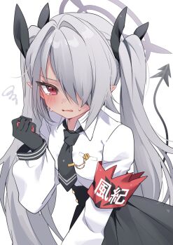 1girl armband black_gloves black_necktie black_skirt blue_archive blush clenched_hand collared_shirt dark-skinned_female dark_skin demon_tail dress_shirt furrowed_brow gloves grey_hair grey_halo hair_over_one_eye hair_ribbon halo hand_up high-waist_skirt highres iori_(blue_archive) long_hair long_sleeves looking_at_viewer necktie open_mouth parted_lips pointy_ears red_armband red_eyes ribbon sentouryoku_5 shirt short_necktie skirt small_sweatdrop solo swept_bangs tail tearing_up twintails very_long_hair white_background white_shirt