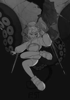 1girl bikini bikini_under_clothes black_theme blunt_bangs bright_pupils floating full_body grin long_sleeves looking_at_viewer micro_bikini original post_(shake_shakepost) shattered short_hair signature smile solo striped_bikini striped_clothes swimsuit tentacles thighhighs v white_hair white_pupils zipper_pull_tab