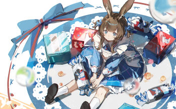 Rule 34 | 1girl, amiya (arknights), animal ear fluff, animal ears, arknights, black shoes, blue bow, blue dress, bow, brown hair, candy, closed mouth, dress, food, frilled dress, frills, full body, highres, kneehighs, long sleeves, plate, rabbit ears, rabbit girl, shoes, short hair, signature, sitting, socks, solo, two side up, white socks, wrapped candy, zeriko