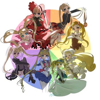 6+girls bikini bishoujo_senshi_sailor_moon black_dress black_shirt black_thighhighs blonde_hair blue_eyes blue_skirt blunt_bangs boots capelet chuunibyou_demo_koi_ga_shitai! circle circlet color_wheel_challenge commentary_request crossover cure_lemonade dekomori_sanae double_bun dress elizabeth_ethel_cordelia_midford gloves hair_bun hat high_heel_boots high_heels highres holding holding_sword holding_weapon hoshina_utau kasugano_urara_(yes!_precure_5) kuroshitsuji looking_at_viewer magical_girl makihatayama_hana mermaid mermaid_melody_pichi_pichi_pitch monster_girl multiple_crossover multiple_drawing_challenge multiple_girls nanami_lucia ojamajo_doremi one_eye_closed orange_eyes precure red_capelet red_dress red_skirt rozen_maiden sailor_moon sailor_senshi_uniform shinku shirt shugo_chara! sidelocks signature skirt sparkle swimsuit sword thighhighs tsukino_usagi twintails wakuno_lemon weapon white_gloves white_hat yellow_eyes yes!_precure_5 yes!_precure_5_gogo!