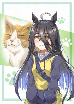 Rule 34 | 1boy, 1girl, absurdres, ahoge, animal ears, black hair, black hoodie, blush, cat, closed mouth, collared shirt, commentary request, ear tag, earrings, gentiano815, hair between eyes, happy, highres, hood, hoodie, horse ears, horse girl, jewelry, long bangs, long hair, long hair between eyes, long sleeves, looking at viewer, manhattan cafe (umamusume), multicolored hair, shirt, smile, umamusume, upper body, very long hair, white hair, white shirt, yellow eyes, yellow hoodie