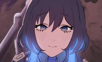 1girl black_hair blue_eyes blue_hair blush colored_inner_hair commentary english_commentary hair_between_eyes highres hololive hololive_english jellyfish_cut long_hair looking_at_viewer multicolored_hair official_alternate_costume official_alternate_hairstyle ouro_kronii ouro_kronii_(4th_costume) outdoors portrait pov railing smile soapy_art solo two-tone_hair virtual_youtuber