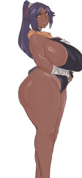 1girl alternate_breast_size_(larger) ass bare_shoulders black_leotard bleach breasts commentary dark-skinned_female dark_skin english_commentary female_focus hair_ornament highres large_breasts legs_together leotard long_hair looking_at_viewer parted_bangs parted_lips ponytail purple_hair shihouin_yoruichi sideboob simple_background solo solo_focus standing thick_thighs thighs white_background yellow_eyes