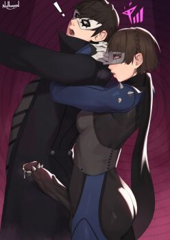 1boy 1girl amamiya_ren bodysuit braid breasts brown_hair crown_braid futanari joker_(persona_5) mask nidhoggn niijima_makoto open_mouth penis persona persona_5 queen_(persona_5) scarf short_hair shoulder_spikes spikes