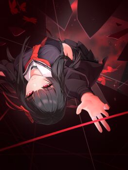 1girl black_hair black_jacket black_shirt black_skirt breasts broken_glass bug butterfly chisa_(wuthering_waves) closed_mouth commentary_request glass hair_ribbon highres insect jacket korean_commentary long_hair looking_at_viewer medium_breasts mole mole_under_eye neckerchief partial_commentary red_butterfly red_eyes red_neckerchief red_ribbon ribbon rutal shirt skirt solo wuthering_waves