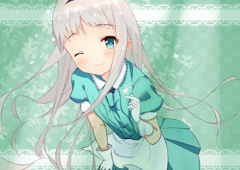 1boy ;3 absurdres aoi_shiori apron aqua_dress black_hairband blend_s crossdressing crossdressing_(mtf) dress finger_heart gloves green_background green_eyes grey_hair hairband heart highres kanzaki_hideri long_hair maid male_maid one_eye_closed puffy_short_sleeves puffy_sleeves short_sleeves solo stile_uniform trap waist_apron white_gloves