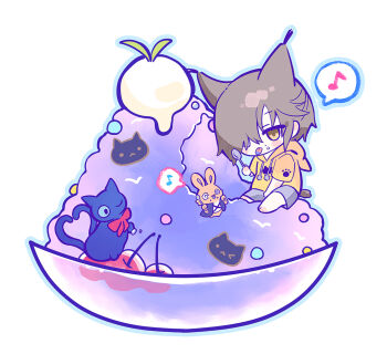 Rule 34 | 1boy, animal ears, arknights, blue eyes, blue outline, blue tongue, blush stickers, brown eyes, brown hair, cherry, colored tongue, drawstring, eighth note, food, food on face, food request, fruit, grey shorts, hair over one eye, heart, heart tail, highres, holding, holding spoon, hood, hood down, hoodie, miss christine (arknights), musical note, myluche, nekomata, outline, phantom (arknights), short sleeves, shorts, sitting, spoken musical note, spoon, tail, tongue, tongue out, tragodia (arknights), white background, yellow hoodie