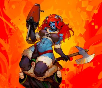 Rule 34 | 1boy, 1girl, abs, axe, battle axe, black boots, black gloves, black robe, black tank top, blue lips, blue skin, boots, breasts, closed mouth, colored skin, commentary, crystal necklace, demon girl, demon horns, elbow gloves, english commentary, female orc, full body, fur-trimmed boots, fur-trimmed crop top, fur-trimmed gloves, fur trim, gloves, grey horns, gun, hands up, head between thighs, hedon bloodrite, highres, holding, holding axe, holding gun, holding weapon, hood, hood up, hooded robe, horns, large breasts, lips, long hair, long sleeves, looking at viewer, midriff, mole, mole above mouth, multiple scars, muscular, muscular female, navel, nose, open mouth, orange background, orc, pointy ears, red eyes, red hair, robe, rotten mo, scar, scar on stomach, shotgun, sidelocks, sitting, sitting on person, smile, spiked horns, tank top, teeth, thick thighs, thigh boots, thighs, thumbs up, upper body, weapon, wide sleeves, zan (hedon)