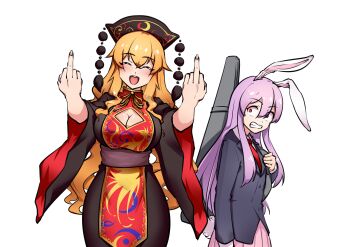 2girls absurdres animal_ears black_dress black_hat black_jacket breasts buttons chinese_clothes cleavage_cutout closed_eyes clothing_cutout collared_shirt cowboy_shot crescent crescent_print double_middle_finger dress fingernails hair_between_eyes hands_up happy hat highres holding jacket junko_(touhou) lapels large_breasts long_fingernails long_hair long_sleeves looking_at_another mandarin_collar middle_finger multiple_girls neck_ribbon necktie open_mouth orange_hair phoenix_print pink_skirt pleated_skirt pom_pom_(clothes) purple_hair rabbit_ears rabbit_girl rabbit_tail red_eyes red_necktie red_tabard reisen_udongein_inaba ribbon shirt shriohalfarm sidelocks simple_background skirt smile standing tabard tail tassel teeth touhou wavy_hair white_background white_shirt wide-eyed wide_sleeves yellow_ribbon