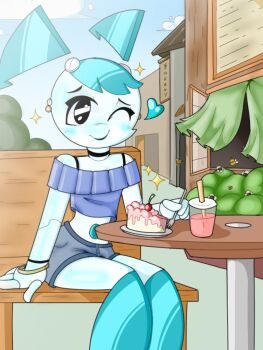 1girl android black_choker boots cake cake_slice choker colored_skin food heart jenny_wakeman joints metal_skin my_life_as_a_teenage_robot newboyant nickelodeon one_eye_closed robot robot_girl robot_joints screw shorts sitting