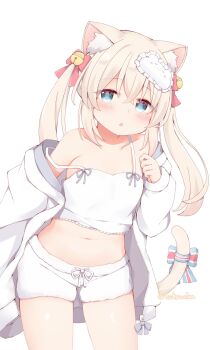 1girl animal_ear_fluff animal_ears artist_name bell blue_eyes blush bow camisole cardigan cat_ears cat_girl cat_tail commentary_request cowboy_shot hair_bell hair_ornament highres jingle_bell long_hair long_sleeves looking_at_viewer midriff navel open_mouth original puffy_long_sleeves puffy_sleeves ramune_(tutsucha) red_bow short_shorts shorts signature sleep_mask solo strap_slip tail tail_bow tail_ornament tutsucha_illust twintails white_background white_camisole white_cardigan white_shorts