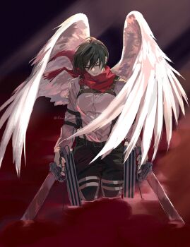 1girl absurdres angel_wings black_hair black_pants blood breasts chest_harness closed_eyes commentary_request darao_(daradara_suyaaa) dual_wielding feathered_wings feathers feet_out_of_frame hair_between_eyes harness highres holding holding_weapon long_sleeves medium_breasts mikasa_ackerman pants paradis_military_uniform partially_submerged red_scarf scarf shingeki_no_kyojin shirt short_hair solo standing three-dimensional_maneuver_gear twitter_username weapon white_feathers white_shirt white_wings wings
