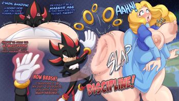 1boy 1girl anger_vein angry annoyed ass ass_smack blonde_hair blue_dress blue_eyes blush breasts dress english_text face_in_ass furry furry_male gloves hedgehog hedgehog_boy highres huge_ass large_breasts maria_robotnik nipples panties scopedout shadow_the_hedgehog short_dress sitting sitting_on_face sitting_on_person slapping sonic_(series) sonic_adventure_2 teasing thick_thighs thighs tongue tongue_out underwear white_gloves