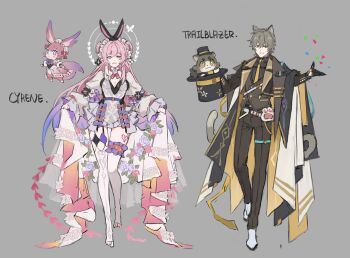 1boy 1girl absurdres alternate_costume animal_ears black_coat black_gloves black_pants breasts caelus_(honkai:_star_rail) character_name chimera_(honkai:_star_rail) cleavage coat commentary cyrene_(honkai:_star_rail) cyrene_(ripples_of_past_reverie)_(honkai:_star_rail) dress fake_animal_ears flower gloves grey_dress grey_hair hair_flower hair_ornament halo hat highres holding holding_unworn_clothes holding_unworn_hat honkai:_star_rail honkai_(series) large_breasts long_hair mem_(honkai:_star_rail) pants papajay_(jennygin2) pink_hair pointy_ears purple_eyes rabbit_ears shoes short_hair stirrup_legwear symbol-only_commentary thigh_strap thighs toeless_legwear toes top_hat trailblazer_(honkai:_star_rail) unworn_hat unworn_headwear very_long_hair white_shoes yellow_eyes