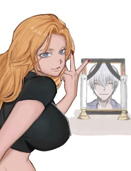 1boy 1girl bleach blue_eyes breasts candle crop_top highres ichimaru_gin large_breasts lips long_hair matsumoto_rangiku mole mole_under_mouth orange_hair p_glansk peace_symbol simple_background white_background