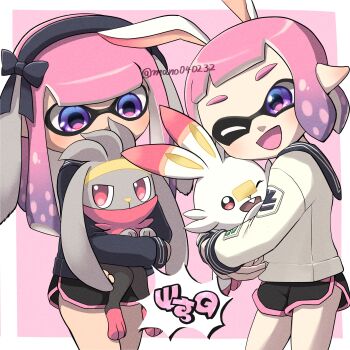 2girls :d absurdres animal_ears black_bow black_hairband black_shorts border bow commentary_request dolphin_shorts evolutionary_line fake_animal_ears gen_8_pokemon grey_fur hair_bow hairband highres holding holding_pokemon hug inkling inkling_(language) inkling_girl inkling_player_character long_hair mano_(mix103) medium_hair multiple_girls nintendo one_eye_closed open_mouth outside_border pink_background pink_hair pink_trim pointy_ears pokemon pokemon_(creature) purple_hair rabbit rabbit_ears raboot red_eyes scorbunny short_shorts shorts simple_background smile splatoon_(series) splatoon_3 standing tentacle_hair white_border white_fur
