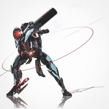 commentary faiz_accel glowing gradient_background grey_background highres kamen_rider kamen_rider_555 kamen_rider_faiz leaning_forward mechanization no_humans red_eyes robot science_fiction short_barrel signature solo tokusatsu