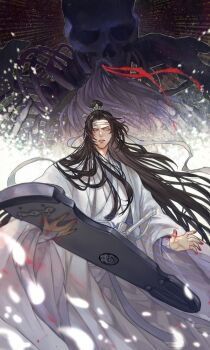 Rule 34 | 2boys, absurdres, back-to-back, black hair, black hanfu, blood, blood on hands, chinese clothes, closed eyes, coat, commentary, facing viewer, falling petals, fighting stance, fingernails, floating hair, ganen cheese, giant skeleton, guqin, hair down, hair ribbon, half updo, hanfu, hashtag-only commentary, headband, highres, holding, holding instrument, holding weapon, implied yaoi, instrument, jian (weapon), lan wangji, long hair, long sleeves, male focus, modao zushi, multiple boys, night, official alternate hairstyle, open clothes, open coat, parted lips, petals, red ribbon, ribbon, robe, sash, skeleton, skull, solo focus, standing, string, sword, sword tassel, tassel, topknot, very long hair, wangji guqin, weapon, wei wuxian, wei wuxian (yiling laozu), white coat, white hanfu, white headband, white petals, wide sleeves, wind, xiao guan (headdress), yellow eyes