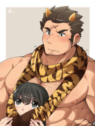 Rule 34 | 1boy, 1girl, abs, bara, blush, cone horns, cross scar, facial hair, goatee stubble, hetero, highres, horns, houzouin oniwaka, large pectorals, long sideburns, looking at another, male focus, muscular, muscular male, nipples, official alternate costume, pectorals, print scarf, protagonist 2 (housamo), scar, scar on face, scar on forehead, scarf, short hair, sideburns, solo, strongman waist, stubble, thick eyebrows, tokyo houkago summoners, upper body, yu062424