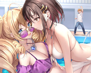 1boy 2girls asymmetrical_docking bare_shoulders bikini black_choker blonde_hair blue_eyes blue_gemstone blush breast_press breasts brown_eyes brown_hair choker cleavage clothing_request collarbone commentary_request crying crying_with_eyes_open danshi_kinsei_game_sekai_de_ore_ga_yarubeki_yuiitsu_no_koto_yuri_no_ma_ni_hasamaru_otoko_to_shite_tensei_shite_shimaimashita earrings excited front-tie_bikini_top front-tie_top gem hair_ornament haishiki highres jewelry large_breasts long_hair multicolored_hair multiple_girls navel necklace official_art open_mouth ophelia_von_margeline pink-tinted_eyewear pool poolside ringlets sanjou_hiiro sarong short_hair smile streaked_hair swimsuit tears tinted_eyewear tsukiori_sakura very_long_hair wet white_bikini white_sarong