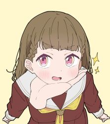 Rule 34 | 1girl, blunt bangs, blush, braid, breasts, brown dress, brown hair, center-flap bangs, cheek press, chin on palm challenge, commentary, cowboy shot, disembodied hand, dress, hashtag-only commentary, hasu no sora school uniform, highres, kachimachi kosuzu, leaning forward, link! like! love live!, liz (piyoko piyop), long hair, long sleeves, looking at viewer, love live!, lower teeth only, medium breasts, neckerchief, open mouth, pink eyes, pleated dress, sailor collar, sailor dress, school uniform, side braids, simple background, sparkle, straight hair, teeth, v-shaped eyebrows, virtual youtuber, white sailor collar, winter uniform, yellow background, yellow neckerchief