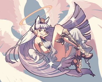 1girl armlet armor blunt_bangs blunt_ends brown_hat commentary_request feathered_wings fujinoto gold_ship_(umamusume) gold_vambraces golsilius_(granblue_fantasy) granblue_fantasy greaves greco-roman_clothes grey_hair grin halo hand_on_own_cheek hand_on_own_face hat headgear highres jewelry long_hair looking_at_viewer multiple_wings orange_halo pillbox_hat purple_eyes seraph sideways_glance smile smirk solo strappy_heels umamusume vambraces very_long_hair wings