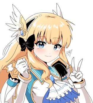 1girl ascot black_bow blonde_hair blue_eyes blush bow character_request closed_mouth commentary_request copyright_request dot_nose hands_up highres long_hair looking_at_viewer portrait rak_rak_yee signature smile solo v white_background