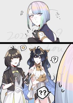 3girls ? ?? ahoge ancient_greek_clothes armlet bare_shoulders black_gloves black_hair black_jacket blue_eyes blue_hair breasts cleavage closed_mouth commentary_request crossed_arms cyberpunk:_edgerunners cyberpunk_(series) dated dress female_rover_(perpetual_spark)_(wuthering_waves) female_rover_(wuthering_waves) fingerless_gloves gloves gold_bra gradient_hair greco-roman_clothes highres iuno_(wuthering_waves) jacket jewelry jouhou laurel_crown looking_at_another lucy_(cyberpunk) medium_breasts multicolored_hair multiple_girls notice_lines parted_lips pink_eyes pink_hair rover_(wuthering_waves) spoken_question_mark sweatdrop tacet_mark_(wuthering_waves) twintails white_dress wuthering_waves yellow_eyes