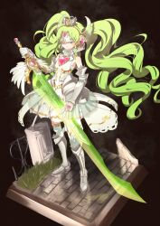 Rule 34 | 1girl, armor, armored boots, armored dress, boots, crown, dress, eye mask, falulu, falulu (awakened), full body, gold trim, green hair, headphones, highres, holding, holding sword, holding weapon, idol clothes, long hair, mini crown, parted bangs, pretty series, pripara, pripara pripuz, ruru ashihara, sidelocks, solo, standing, sword, third-party source, twintails, very long hair, wavy hair, weapon, white dress, wing hair ornament