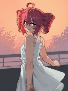 1girl ahoge bare_arms commentary dress drill_hair from_behind grin hair_between_eyes highres kasane_teto linnees_waos looking_at_viewer looking_back orange_sky outdoors pink_eyes pink_hair railing short_hair sidelocks sky smile solo twin_drills upper_body utau white_dress