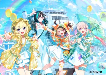 4girls :d ahoge airani_iofifteen animal_ear_hood animal_ears aqua_hair arm_up balloon bandaid bandaid_on_leg black_hair blonde_hair blue_bow blue_sailor_collar blue_sky boat bow braid brown_hair camera capelet cloud colored_inner_hair commentary_request day dress fake_animal_ears frilled_dress frills gigi_murin gradient_hair grin hair_bow hair_bun hair_over_shoulder hair_through_hood hand_up highres holding holding_camera holding_umbrella hololive hololive_dev_is hololive_english hololive_indonesia hood hood_up hooded_capelet hooded_jacket horns jacket jiu_(jiwoo_owo9) long_dress long_hair long_sidelocks looking_at_viewer low_twin_braids multicolored_hair multiple_girls official_art open_mouth outdoors outstretched_arm pink_eyes pink_hair popo_(gigi_murin) purple_eyes purple_streaks rainbow raincoat rindo_chihaya sailor_collar sailor_dress scrunchie see-through_capelet see-through_clothes see-through_jacket sheep_ears sheep_girl sheep_horns short_dress short_hair short_twintails side_up_bun sidelocks sky smile streaked_hair swept_bangs transparent transparent_umbrella tsunomaki_watame twin_braids twintails two-tone_hair umbrella very_long_hair virtual_youtuber watercraft waving white_dress white_streaks wrist_scrunchie