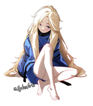 1girl absurdres arm_support artist_name barefoot big_hair blonde_hair blue_coat blue_eyes blush child clip_studio_paint_(medium) coat commentary diana_(pragmata) english_commentary feet full_body highres knee_up loli long_hair looking_at_viewer making-of_available parted_bangs pragmata simple_background sitting soles solo sydus thighs toes twitter_username very_long_hair white_background