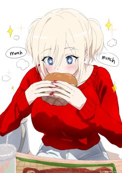 +_+ 1girl absurdres blonde_hair blue_eyes breasts burger collarbone earrings eating food hair_between_eyes hair_ornament hairclip hands_up highres holding holding_food jewelry long_sleeves medium_breasts misaki_nonaka nail_polish original pants red_nails red_sweater simple_background sitting sleeves_past_wrists solo sparkle sweater twintails white_background white_pants