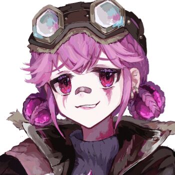 1girl :3 a4357 bandaid bandaid_on_face bandaid_on_nose commentary ear_piercing fur-trimmed_collar fur_trim goggles goggles_on_head hair_ornament highres identity_v lily_barriere lily_barriere_(fluorite) makeup official_alternate_costume piercing pink_eyes pink_hair pink_lips pink_theme popped_collar portrait runny_makeup sidelocks smirk solo sphere_hair_ornament symbol-only_commentary turtleneck
