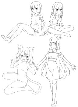 4girls :d animal_ear_fluff animal_ears barefoot blunt_bangs blush bottomless breasts cat_girl cat_tail closed_mouth collarbone dot_mouth dot_nose dress fang flat_chest full_body hair_between_eyes heart heart_necklace highres indian_style jewelry lineart medium_breasts midriff monochrome multiple_girls multiple_views navel necklace nude open_mouth original outstretched_arms parted_bangs saiste shirt short_sleeves shorts simple_background sitting small_breasts smile solo spread_arms tail thighs wariza white_background