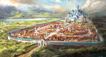 absurdres blue_sky castle city cloud cloudy_sky commentary day elvafirst english_commentary gate highres in-universe_location no_humans outdoors path ragnarok_online road scenery sky