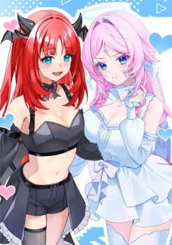 2girls absurdres alternate_costume aqua_eyes black_bow black_bowtie black_shorts black_sleeves black_thighhighs blue_eyes blush bow bowtie braid breasts citlali_(genshin_impact) cleavage closed_mouth commentary_request demon_horns demon_wings detached_sleeves dress facial_mark forehead_mark genshin_impact hand_up head_wings highres horns long_hair long_sleeves looking_at_viewer marufus medium_breasts multiple_girls navel nilou_(genshin_impact) open_mouth pink_hair red_hair shorts single_thighhigh stomach thighhighs twin_braids very_long_hair watermark white_bow white_bowtie white_dress white_sleeves white_thighhighs wings
