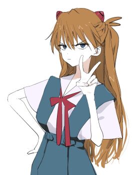 blue_eyes frown hand_on_own_hip highres long_hair looking_at_viewer needbee_r neon_genesis_evangelion orange_hair school_uniform souryuu_asuka_langley v white_background