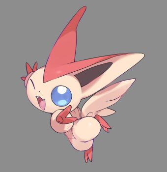 blue_eyes blue_sclera colored_sclera commentary fangs full_body gen_5_pokemon legendary_pokemon looking_at_viewer mythical_pokemon nintendo no_humans one_eye_closed open_mouth pokemon pokemon_(creature) pokemon_focus shisantian simple_background smile solo symbol-only_commentary victini