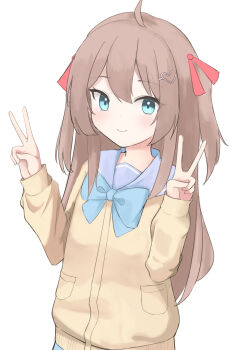 Rule 34 | 1girl, absurdres, ahoge, aqua bow, aqua bowtie, blue eyes, blue sailor collar, bow, bowtie, brown hair, cardigan, chrono061107, closed mouth, commentary, double v, from side, hair ornament, hair ribbon, heart, heart hair ornament, highres, long hair, long sleeves, looking at viewer, neuro-sama, red ribbon, ribbon, sailor collar, simple background, smile, solo, two side up, upper body, v, vedal ai, virtual youtuber, white background, yellow cardigan